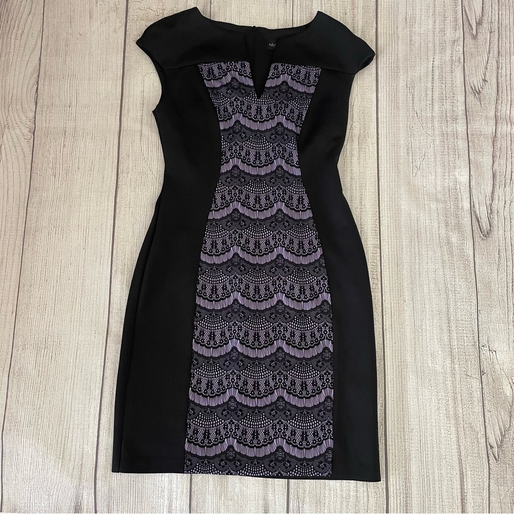 CONNECTED APPAREL Women’s Sheath Dress Black with Lavender Lace Design Size 6